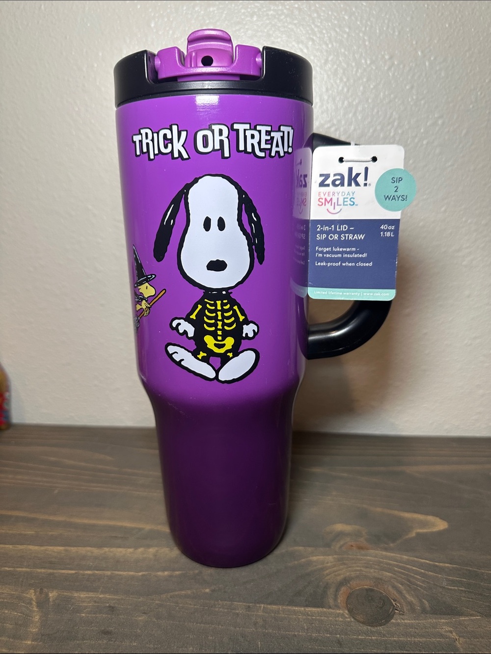 Purple "Trick or Treat" Snoopy Travel Mug with Handle